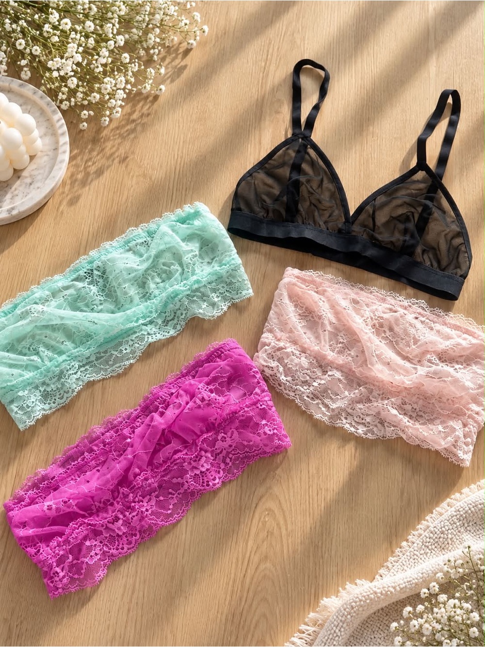 Joes NWT Womenโs Lace Bandeau & Sheer Bralette Set - Black, Mint, Pink, Fuchsia